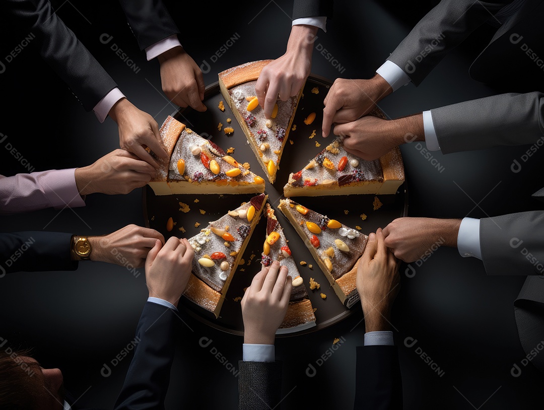 Muitas mãos se estendendo para pegar uma fatia de bolo