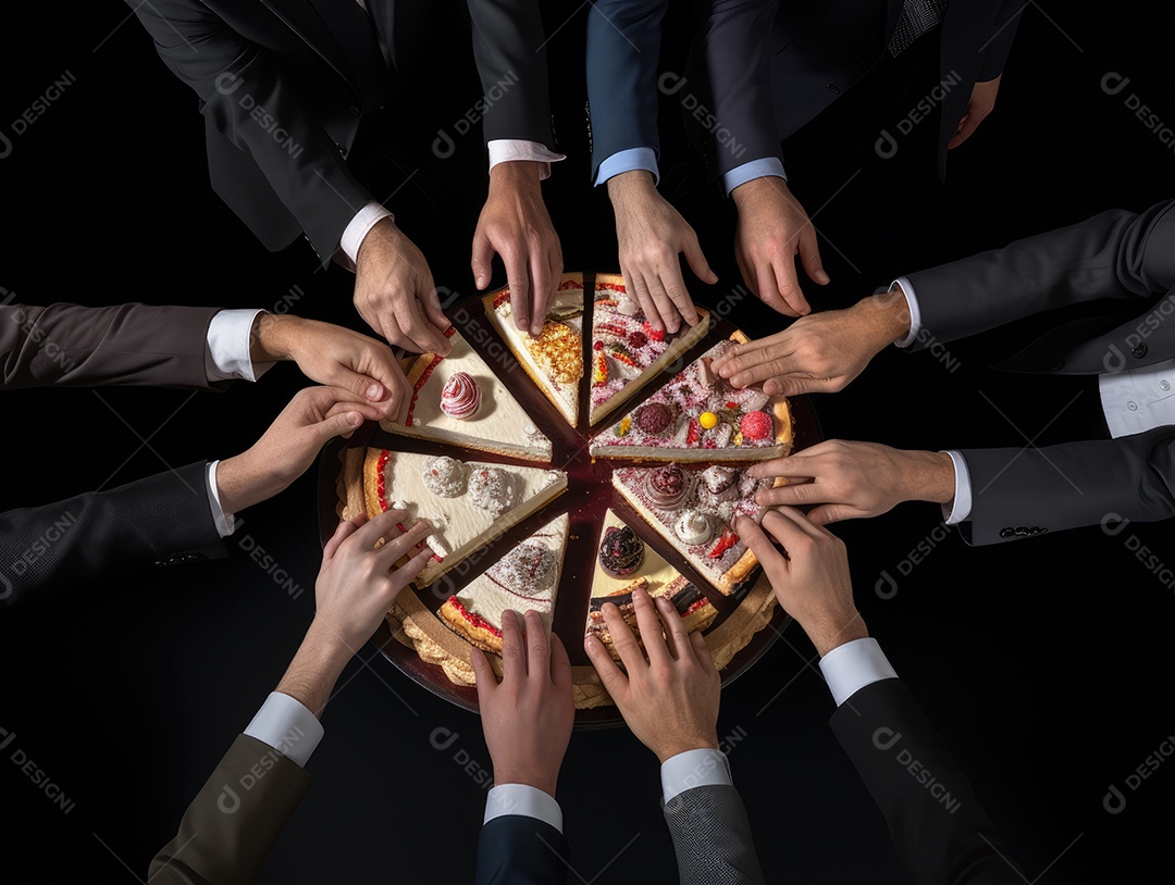 Muitas mãos se estendendo para pegar uma fatia de bolo