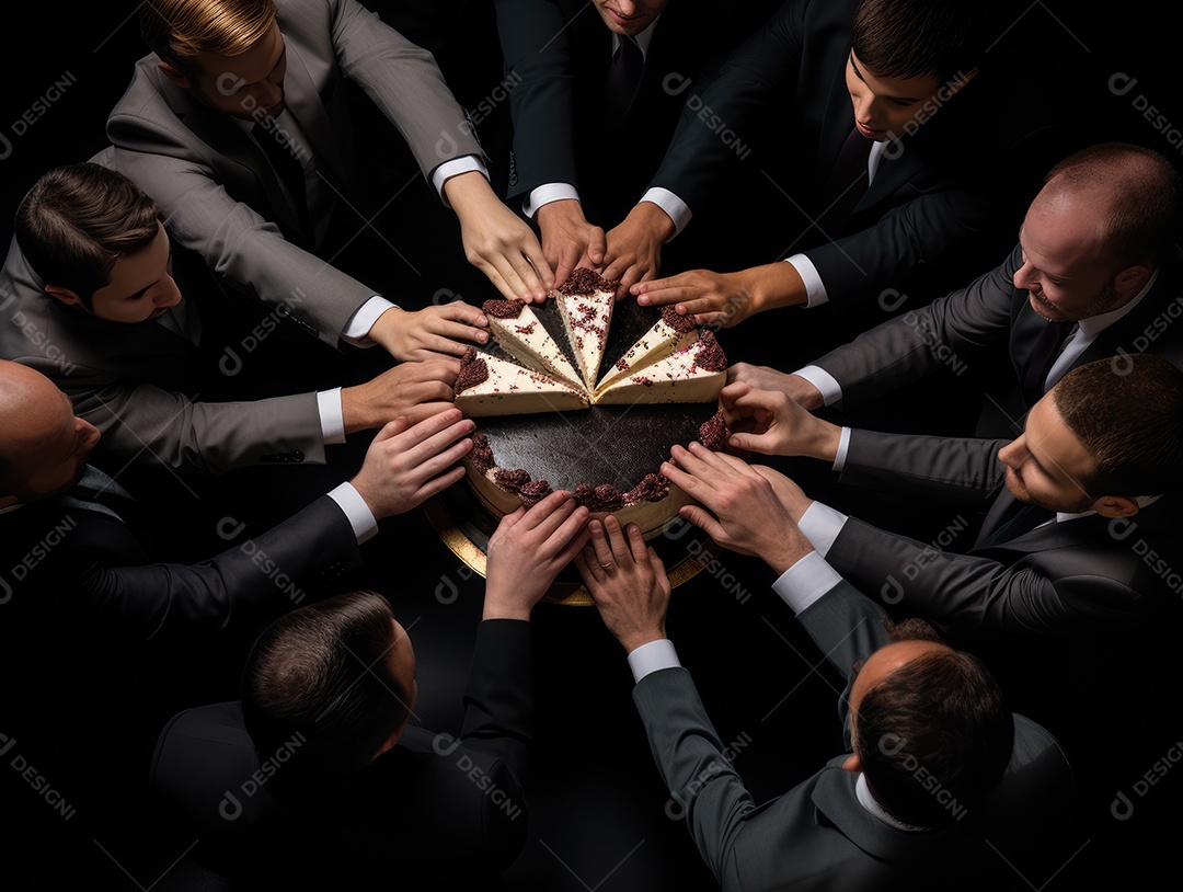 Muitas mãos se estendendo para pegar uma fatia de bolo