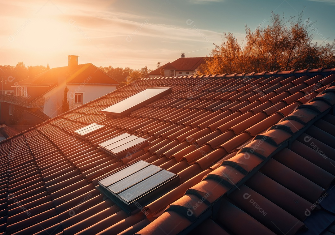 Painéis solares produzindo energia limpa no telhado de uma casa residencial