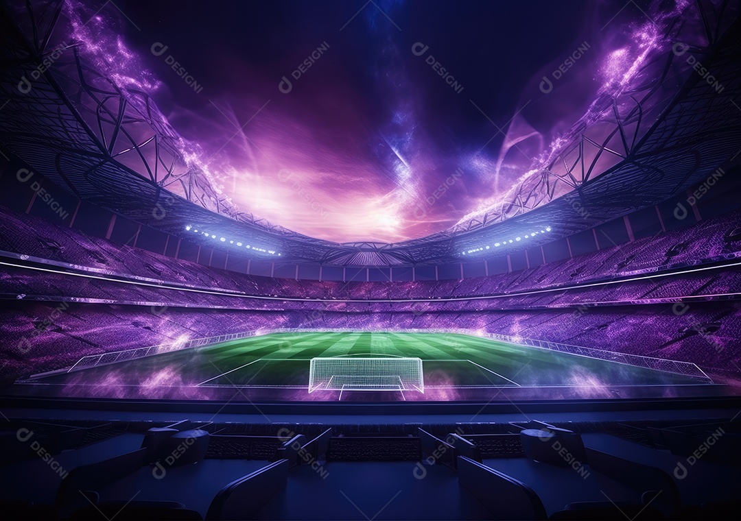 Estádio de futebol à noite, estádio de futebol com jogo contínuo à noite. Vista do drone.