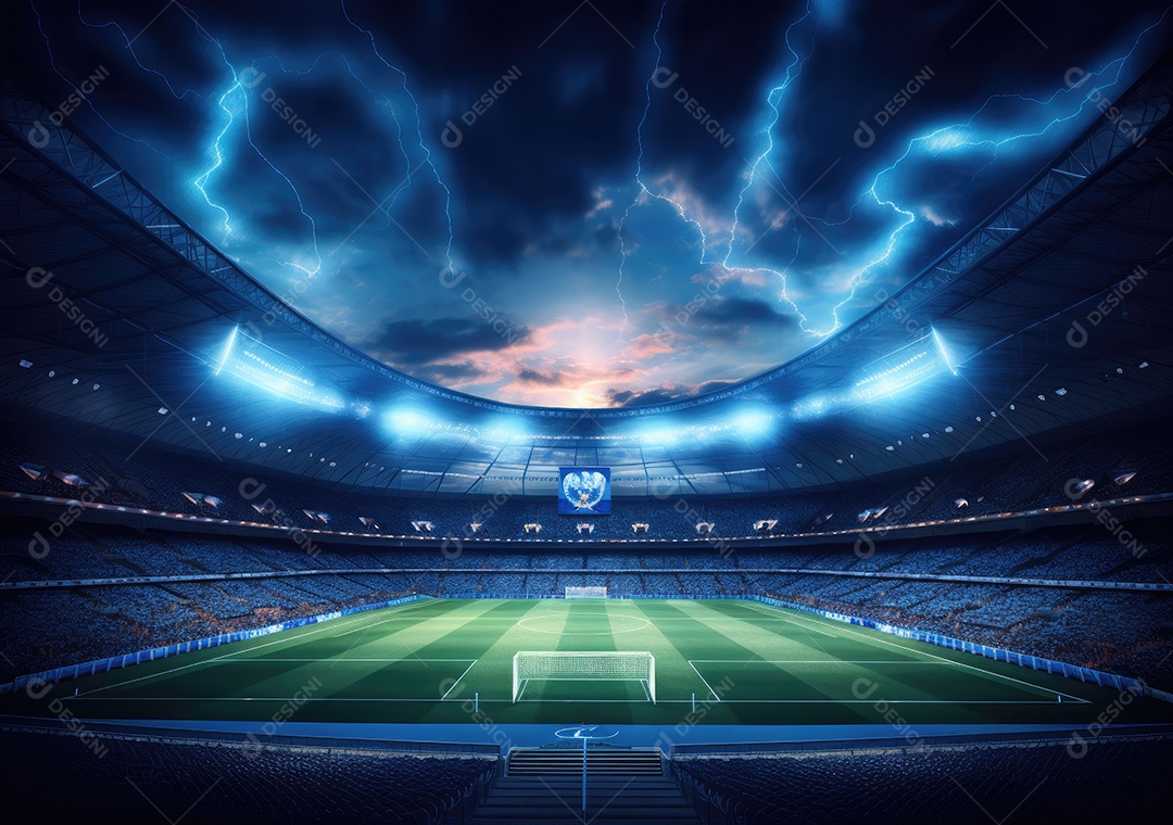 Estádio de futebol à noite, estádio de futebol com jogo contínuo à noite. Vista do drone.