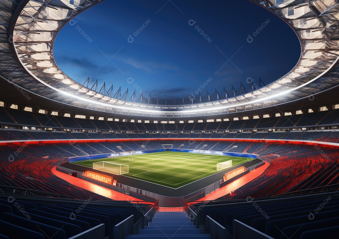 Estádio de futebol à noite, estádio de futebol com jogo contínuo à noite. Vista do drone.