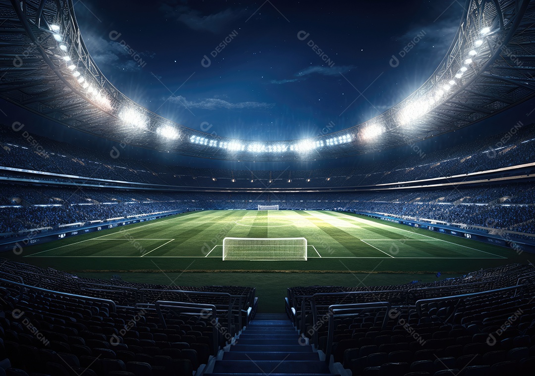 Estádio de futebol à noite, estádio de futebol com jogo contínuo à noite. Vista do drone.