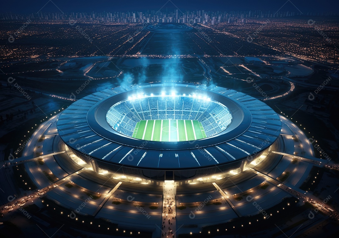 Estádio de futebol à noite, estádio de futebol com jogo contínuo à noite. Vista do drone.