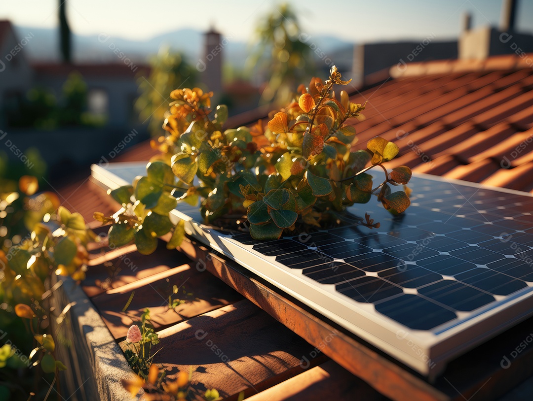 Painel solar moderno no telhado com plantas de manhã, painel solar no telhado vermelho refletindo sol e céu azul sem nuvens.