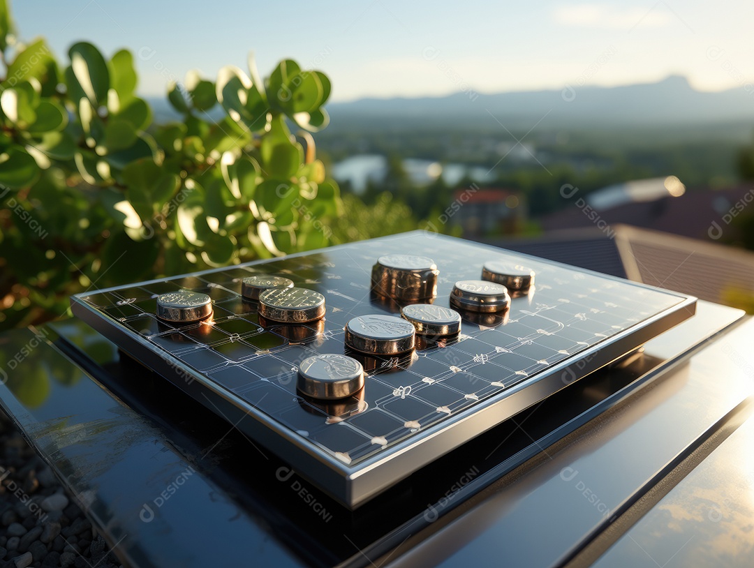Painel solar moderno no telhado com plantas de manhã, painel solar no telhado vermelho refletindo sol e céu azul sem nuvens.