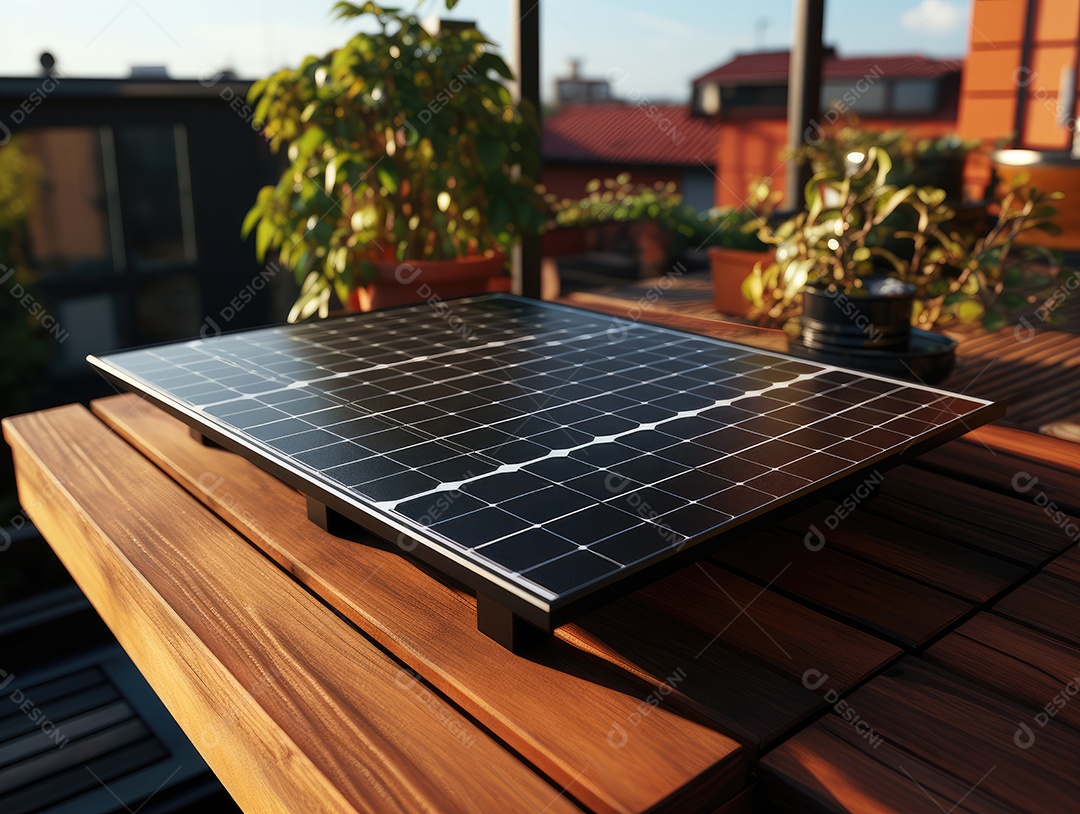 Painel solar moderno no telhado com plantas de manhã, painel solar no telhado vermelho refletindo sol e céu azul sem nuvens.