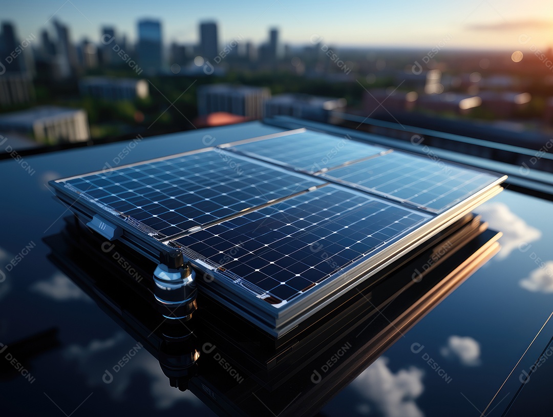 Painel solar moderno no telhado com plantas de manhã, painel solar no telhado vermelho refletindo sol e céu azul sem nuvens.