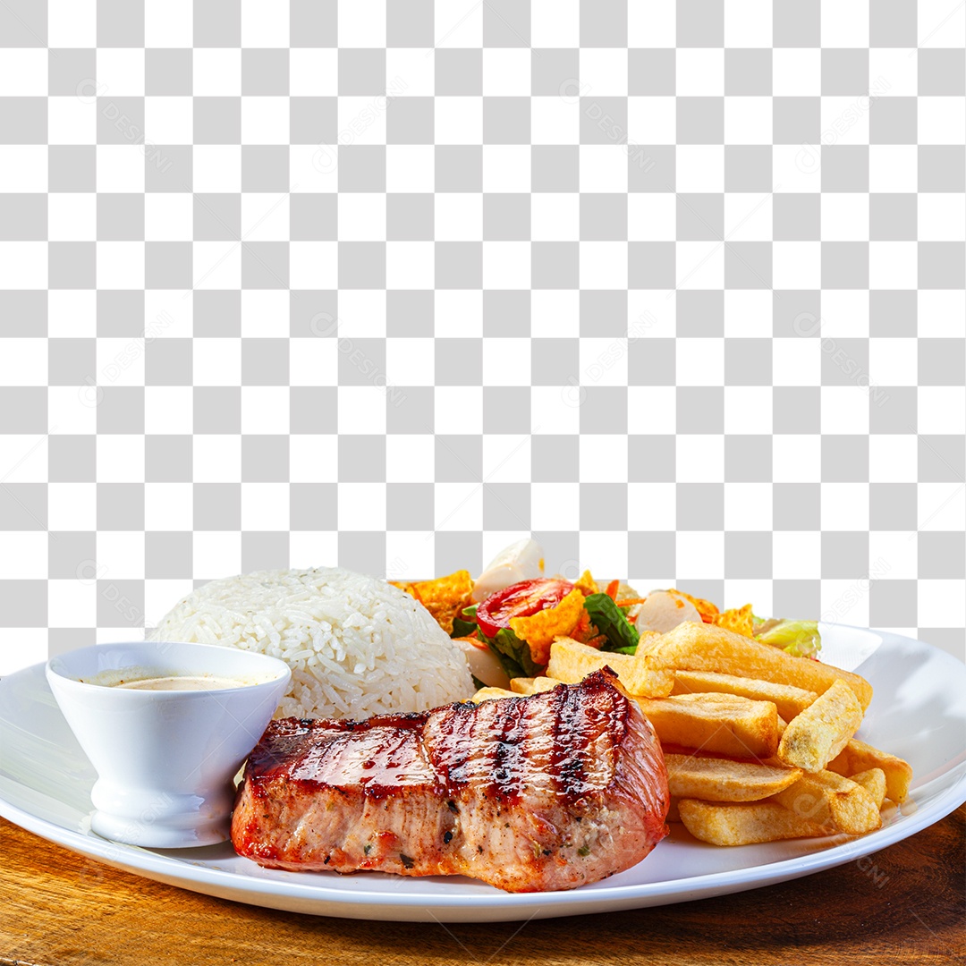 Carne de porco grelhada arroz batata frita e salada