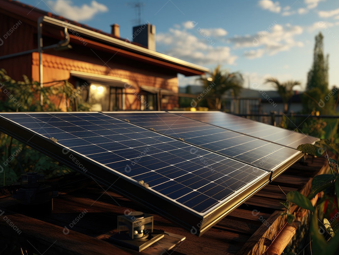 Painel solar moderno no telhado com plantas de manhã, painel solar no telhado vermelho refletindo sol e céu azul sem nuvens.