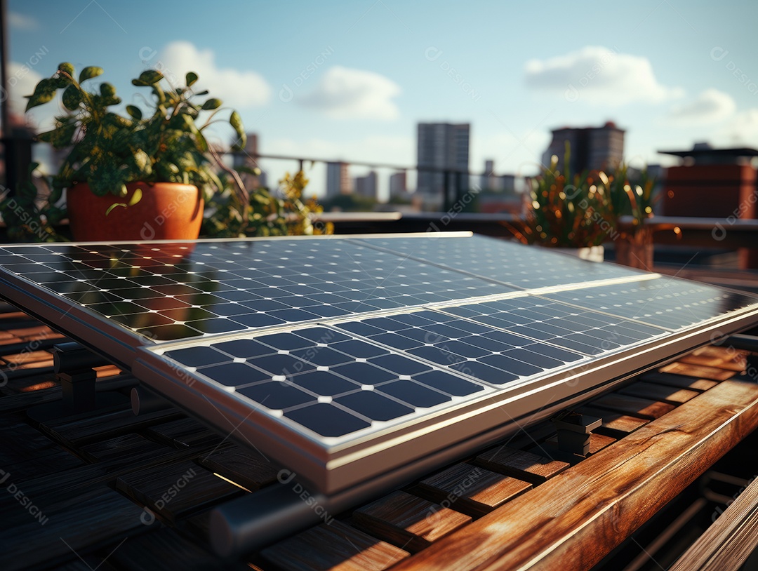 Painel solar moderno no telhado com plantas de manhã, painel solar no telhado vermelho refletindo sol e céu azul sem nuvens.