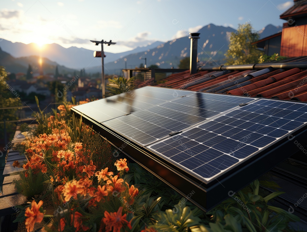 Painel solar moderno no telhado com plantas de manhã, painel solar no telhado vermelho refletindo sol e céu azul sem nuvens.