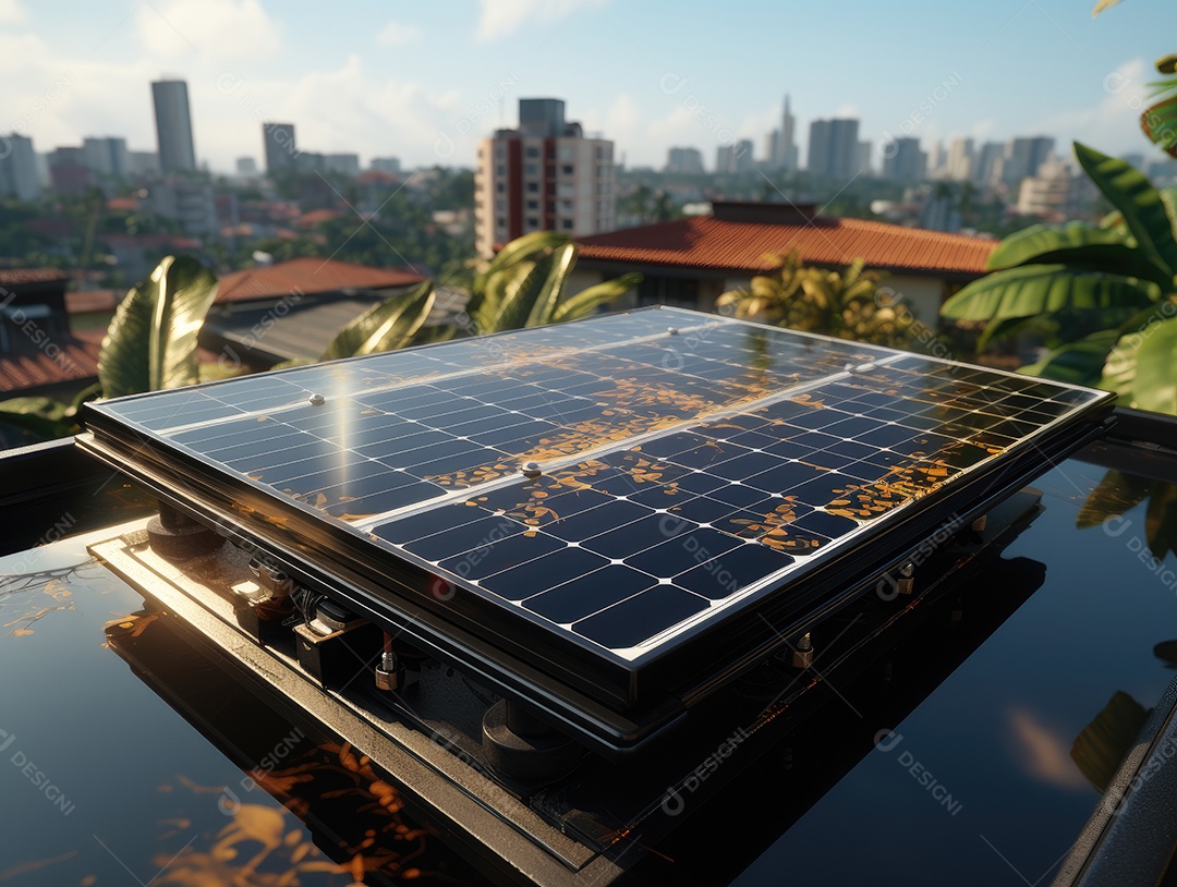 Painel solar moderno no telhado com plantas de manhã, painel solar no telhado vermelho refletindo sol e céu azul sem nuvens.