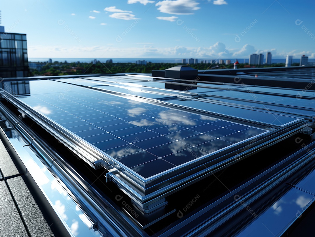 Painel solar moderno no telhado com plantas de manhã, painel solar no telhado vermelho refletindo sol e céu azul sem nuvens.