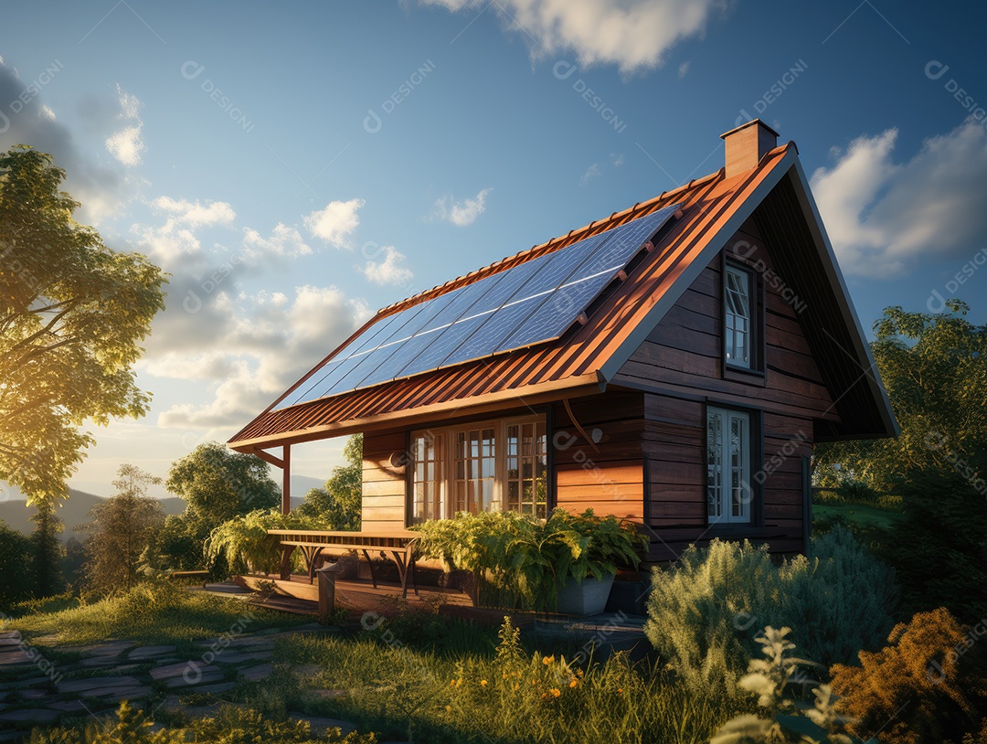 Painel solar moderno no telhado com plantas de manhã, painel solar no telhado vermelho refletindo sol e céu azul sem nuvens.