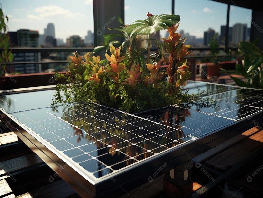 Painel solar moderno no telhado com plantas de manhã, painel solar no telhado vermelho refletindo sol e céu azul sem nuvens.
