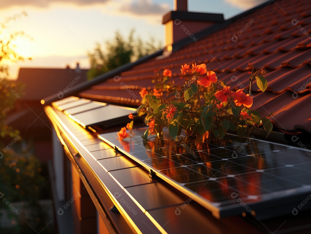 Painel solar moderno no telhado com plantas de manhã, painel solar no telhado vermelho refletindo sol e céu azul sem nuvens.