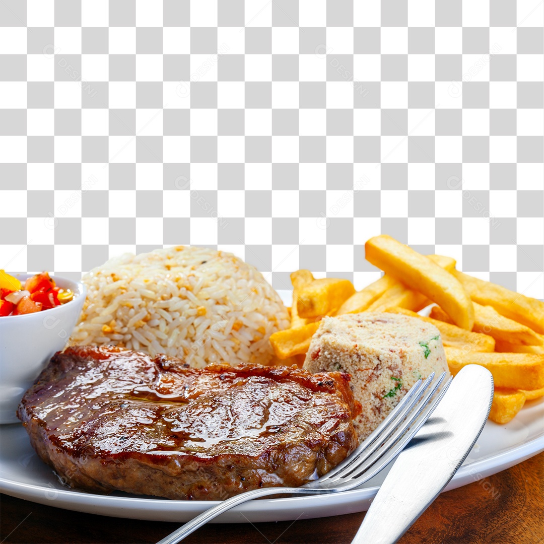 Carne grelhada batata frita arroz farofa vinagrete