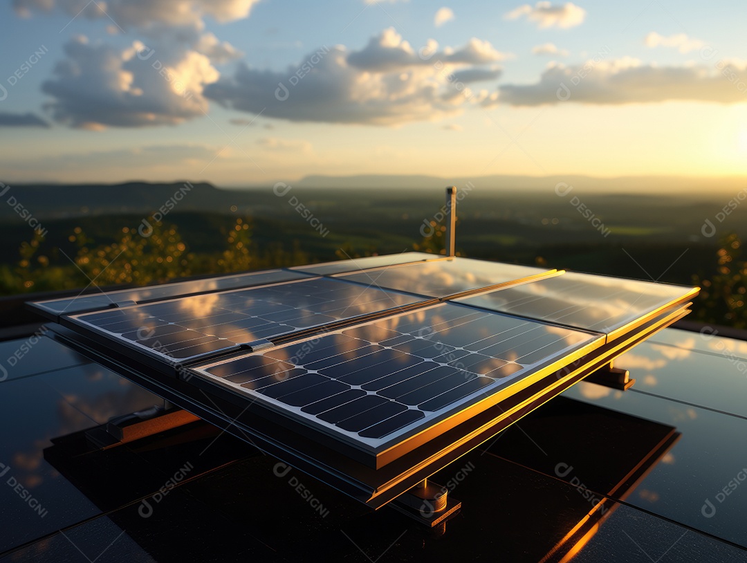 Painel solar moderno no telhado com plantas de manhã, painel solar no telhado vermelho refletindo sol e céu azul sem nuvens.