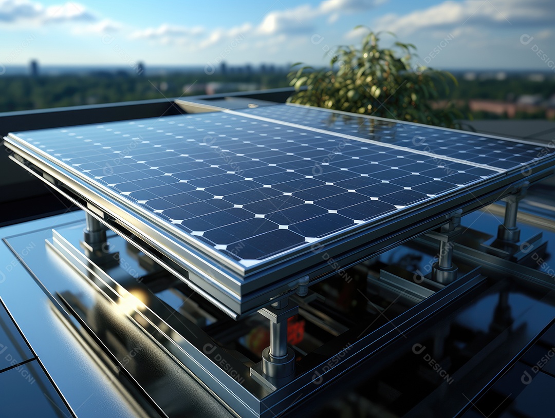 Painel solar moderno no telhado com plantas de manhã, painel solar no telhado vermelho refletindo sol e céu azul sem nuvens.