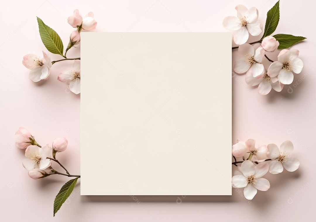 Composição com flores e papel em branco sobre fundo bege. Maquete de cartão de felicitações.