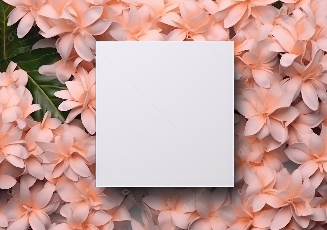 Composição com flores e papel em branco sobre fundo bege. Maquete de cartão de felicitações.