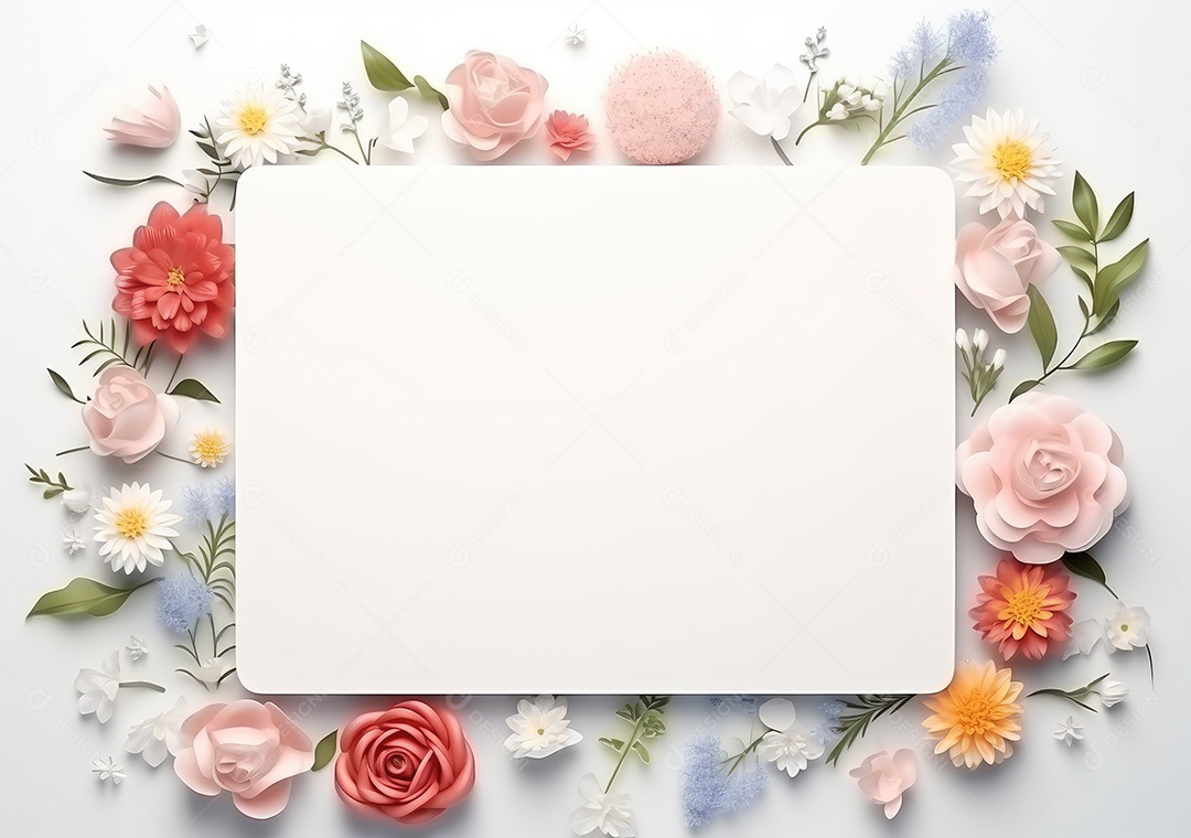 Composição com flores e papel em branco sobre fundo bege. Maquete de cartão de felicitações.