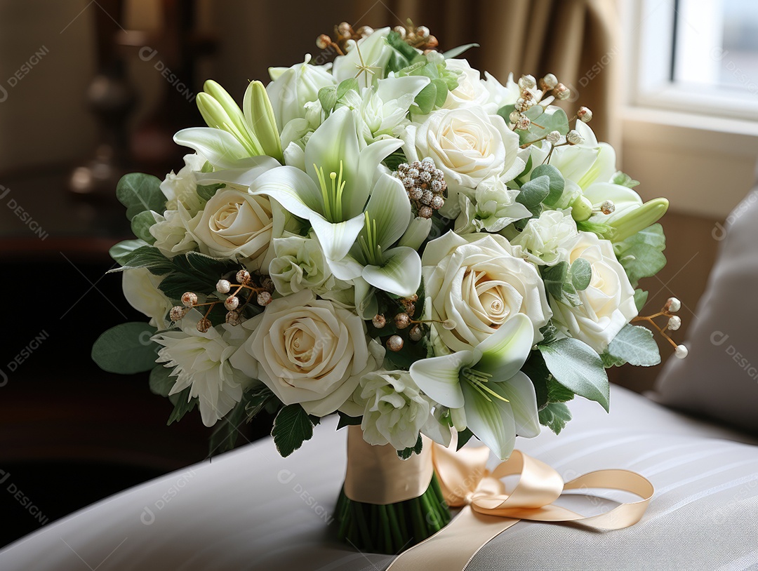 Buquê de rosas para o casamento. Flor na lapela do noivo. Acessórios de casamento de flores naturais. Dia do casamento.