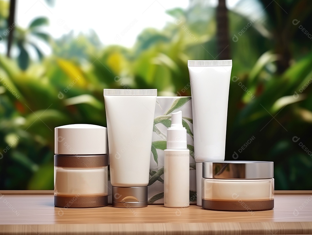 Conjunto de maquete de recipientes de produtos Aroma spa em um fundo natural com folhas verdes e luz solar