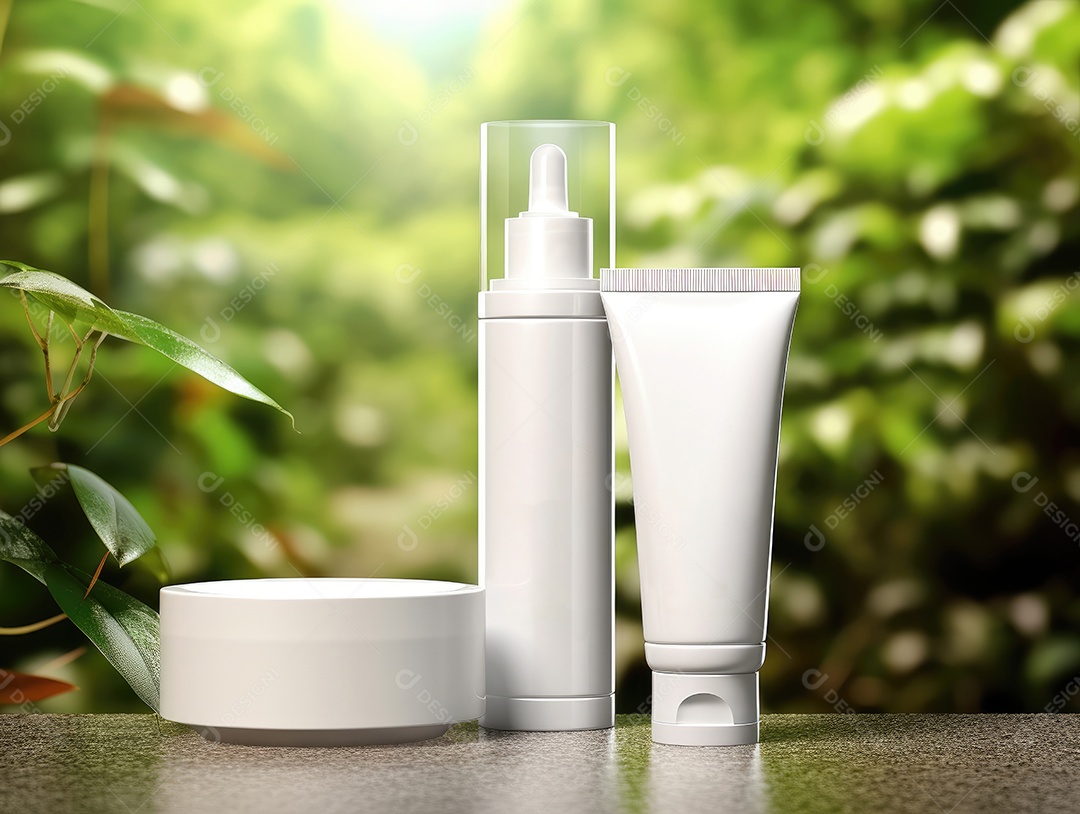 Conjunto de maquete de recipientes de produtos Aroma spa em um fundo natural com folhas verdes e luz solar