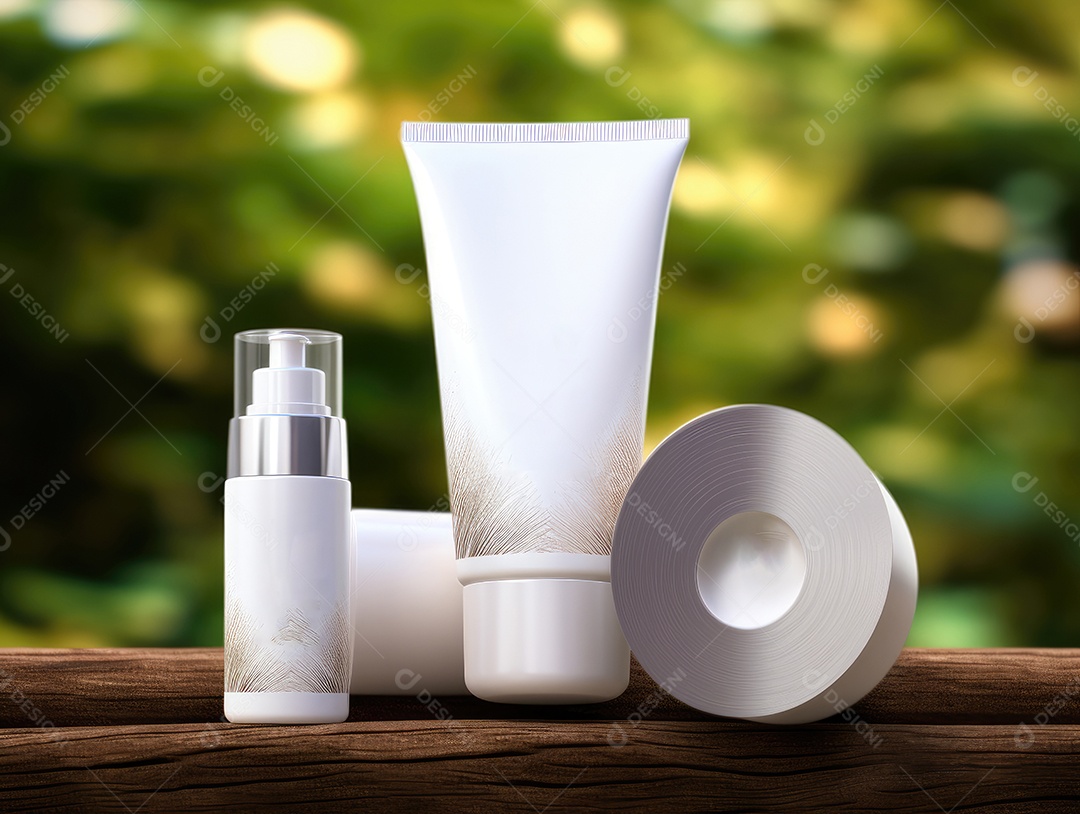 Conjunto de maquete de recipientes de produtos Aroma spa em um fundo natural com folhas verdes e luz solar