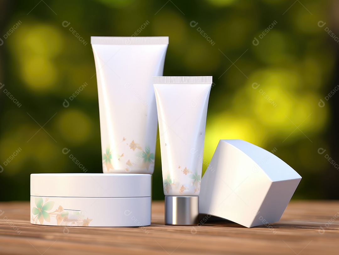 Conjunto de maquete de recipientes de produtos Aroma spa em um fundo natural com folhas verdes e luz solar