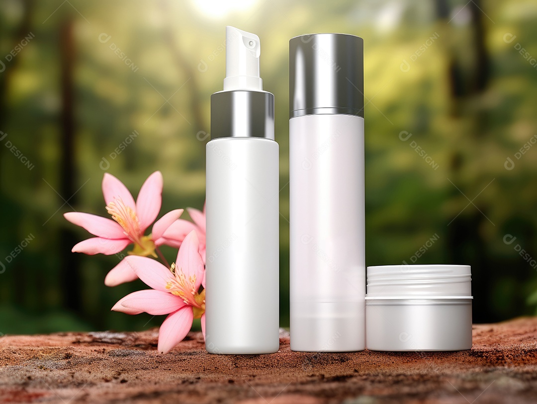 Conjunto de maquete de recipientes de produtos Aroma spa em um fundo natural com folhas verdes e luz solar