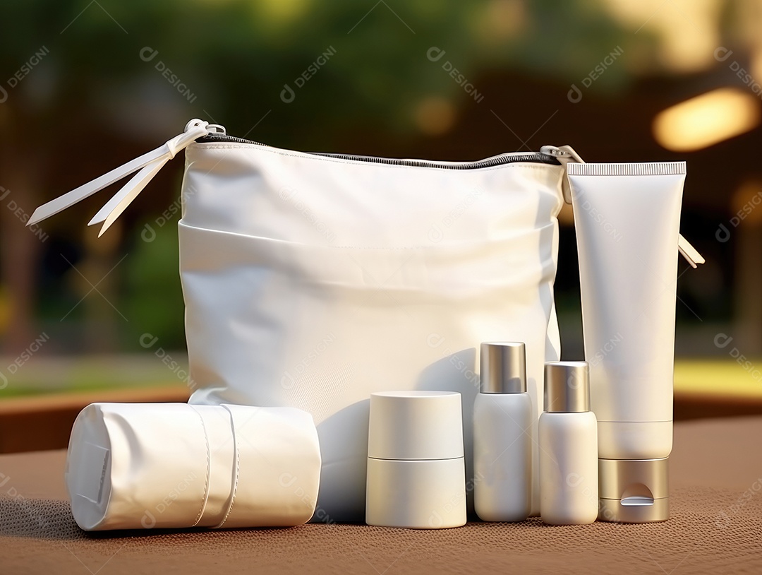 Conjunto de maquete de recipientes de produtos Aroma spa em um fundo natural com folhas verdes e luz solar