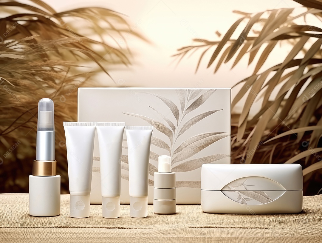 Conjunto de maquete de recipientes de produtos Aroma spa em um fundo natural com folhas verdes e luz solar