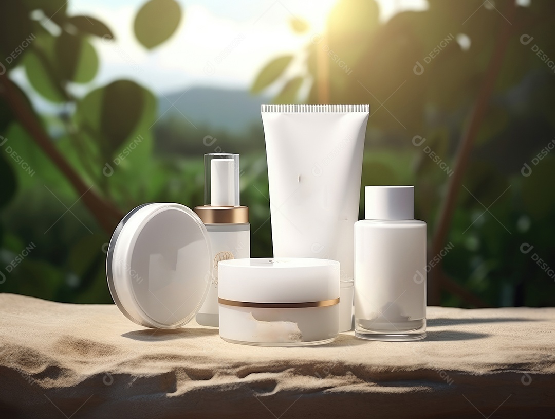 Conjunto de maquete de recipientes de produtos Aroma spa em um fundo natural com folhas verdes e luz solar