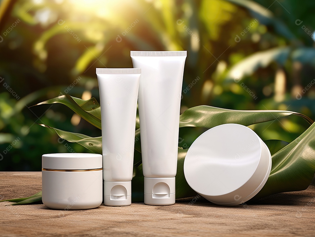 Conjunto de maquete de recipientes de produtos Aroma spa em um fundo natural com folhas verdes e luz solar