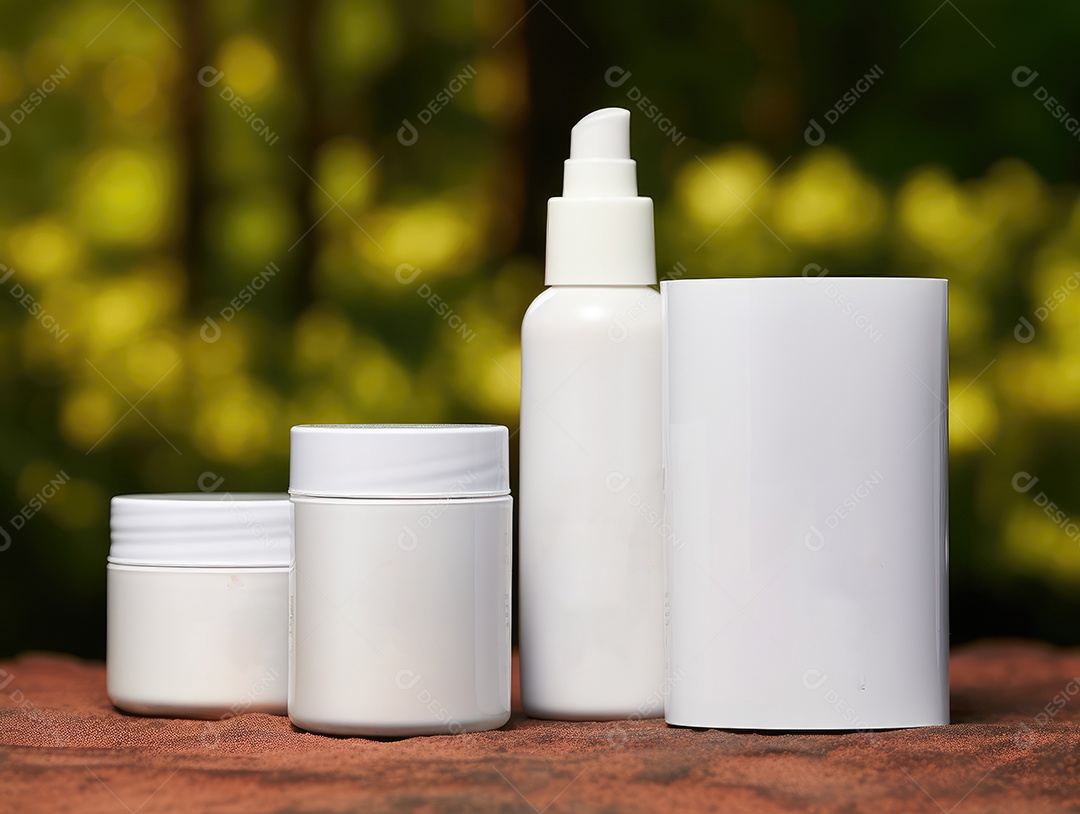 Conjunto de maquete de recipientes de produtos Aroma spa em um fundo natural com folhas verdes e luz solar