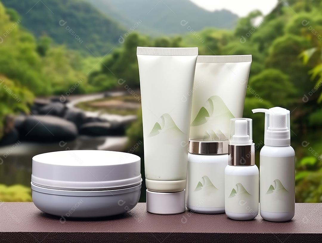Conjunto de maquete de recipientes de produtos Aroma spa em um fundo natural com folhas verdes e luz solar