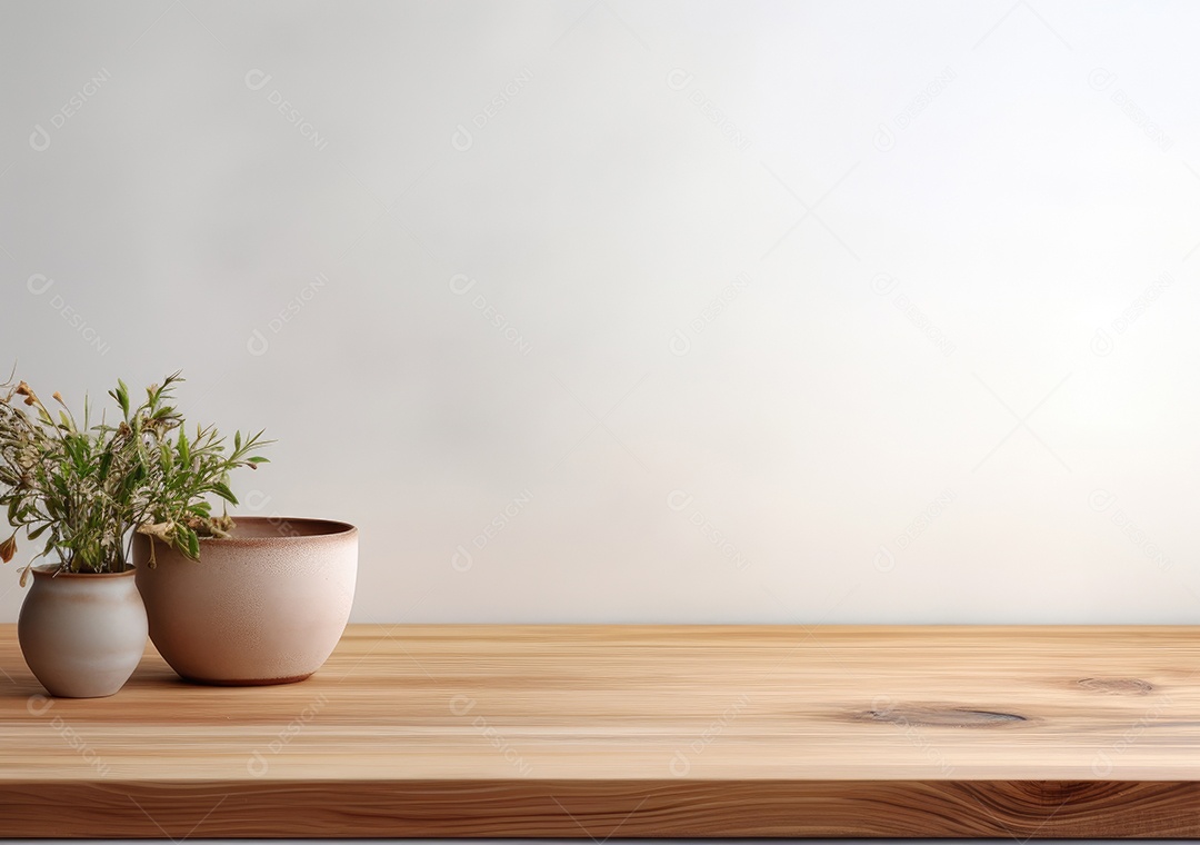 Maquete vazio em uma mesa de madeira contra plantas em uma panela, sala de estar de madeira mínima como pano de fundo.