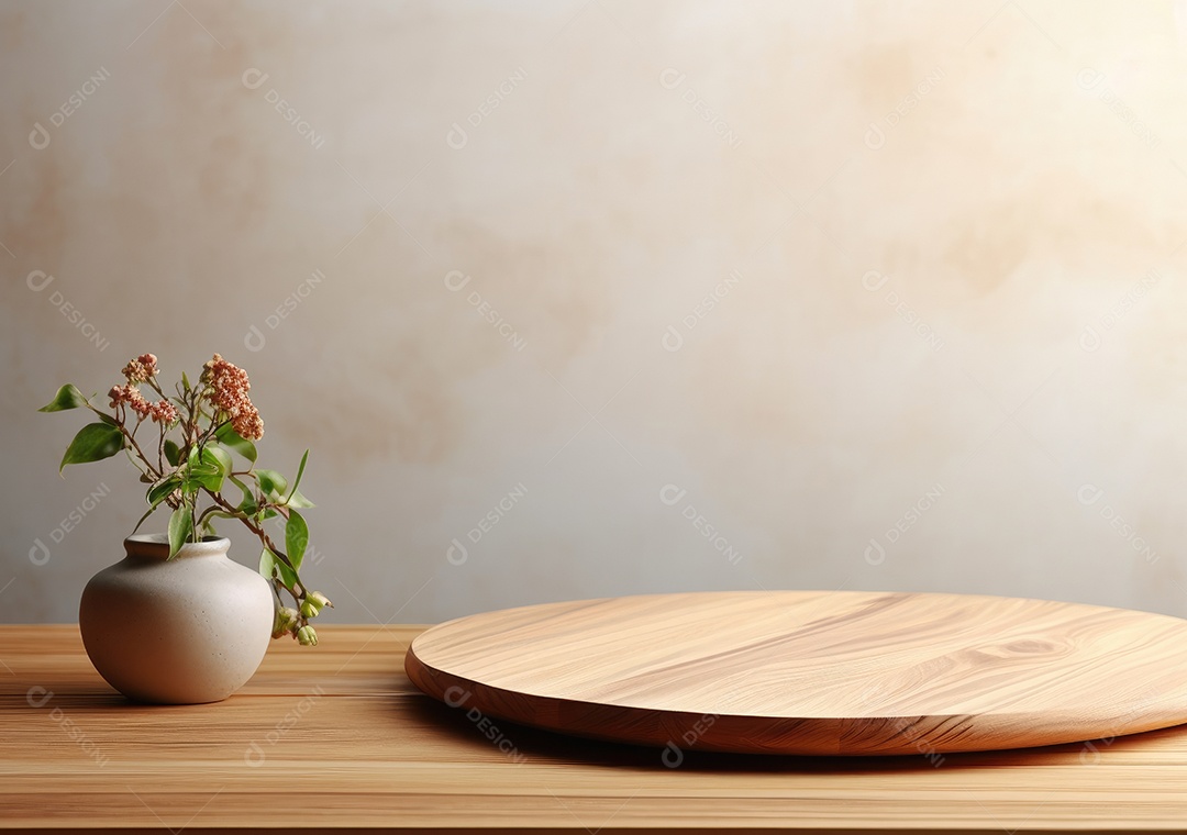 Maquete vazio em uma mesa de madeira contra plantas em uma panela, sala de estar de madeira mínima como pano de fundo.