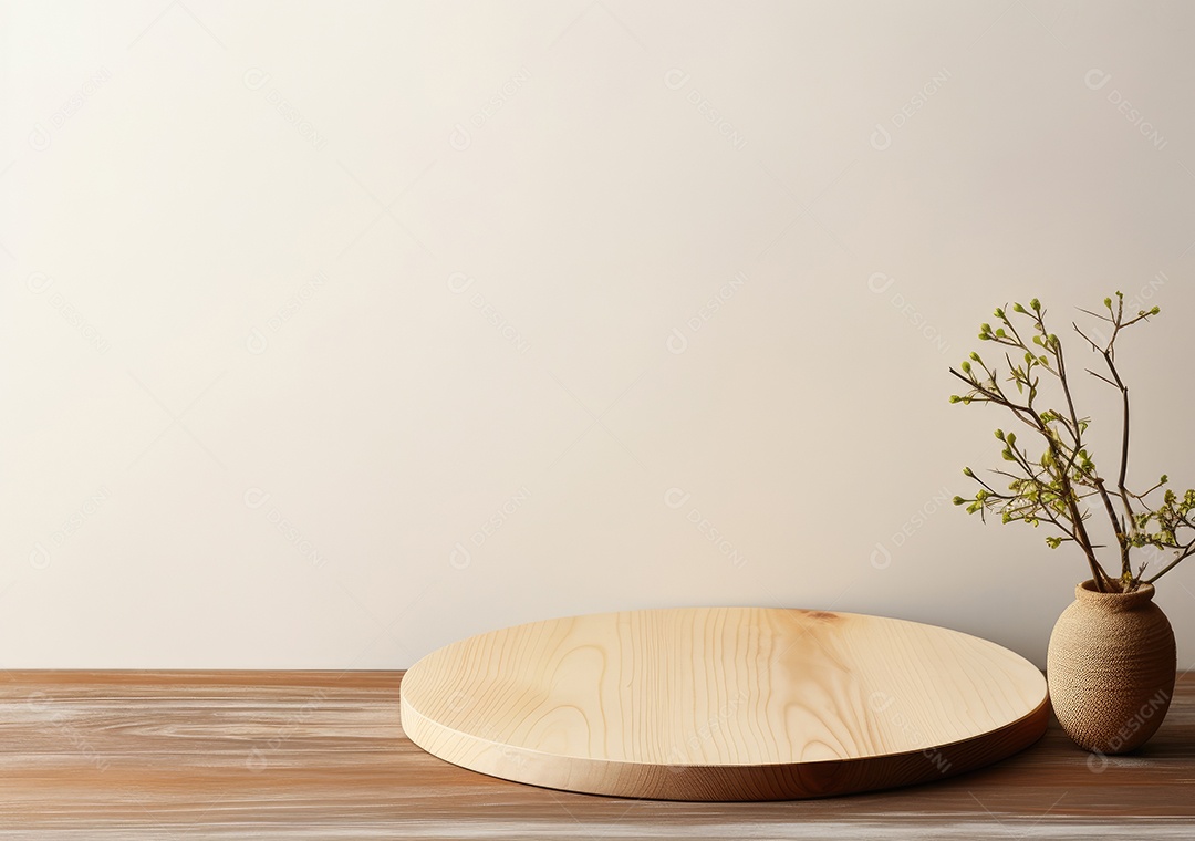 Maquete vazio em uma mesa de madeira contra plantas em uma panela, sala de estar de madeira mínima como pano de fundo.