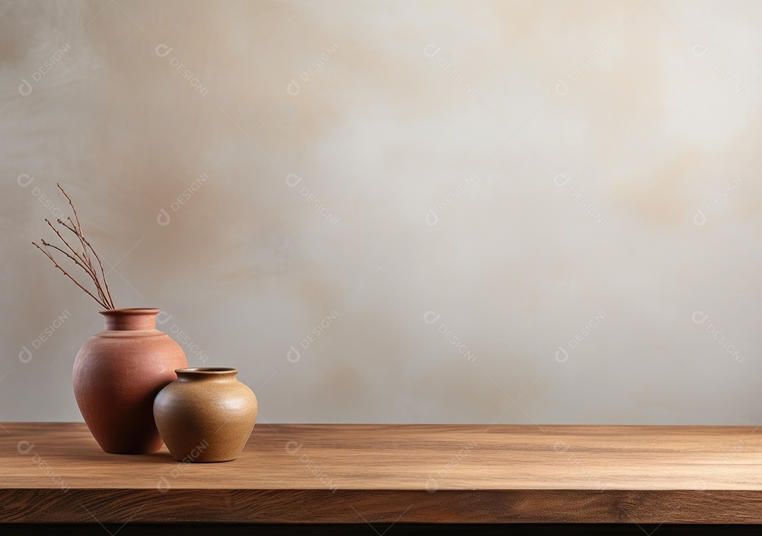 Maquete vazio em uma mesa de madeira contra plantas em uma panela, sala de estar de madeira mínima como pano de fundo.