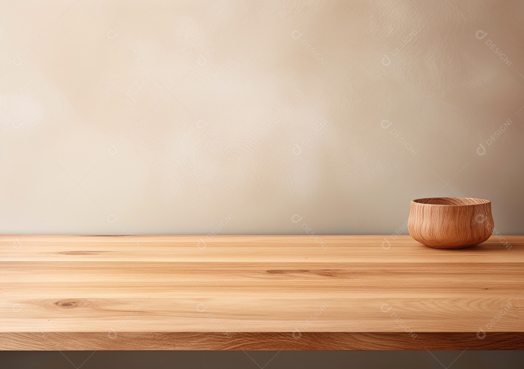 Maquete vazio em uma mesa de madeira contra plantas em uma panela, sala de estar de madeira mínima como pano de fundo.