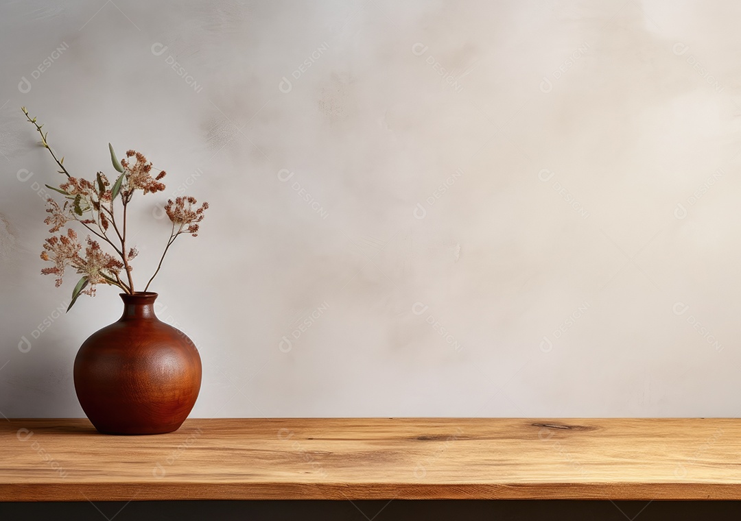 Maquete vazio em uma mesa de madeira contra plantas em uma panela, sala de estar de madeira mínima como pano de fundo.