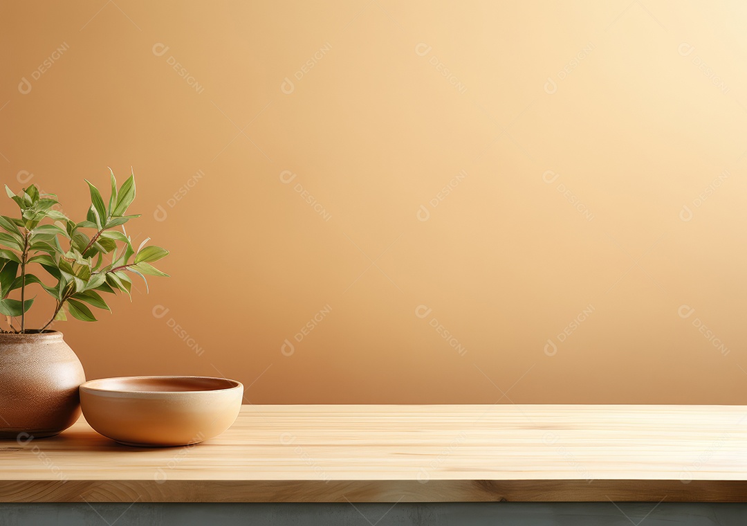 Maquete vazio em uma mesa de madeira contra plantas em uma panela, sala de estar de madeira mínima como pano de fundo.