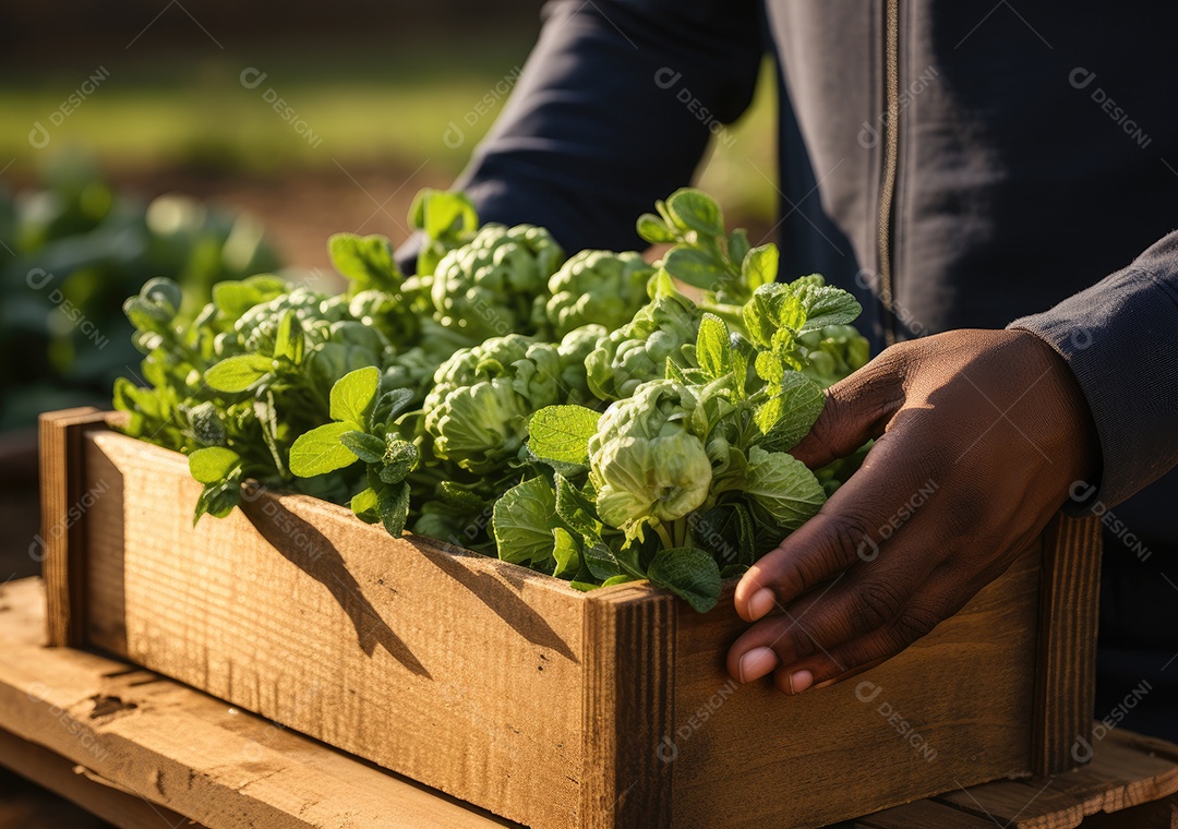 Mãos de pessoa segurando caixa de madeira com verduras