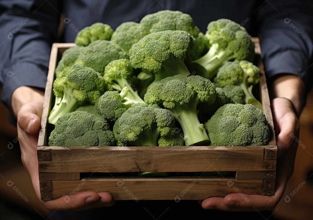 Mãos de pessoa segurando caixa de madeira com verduras