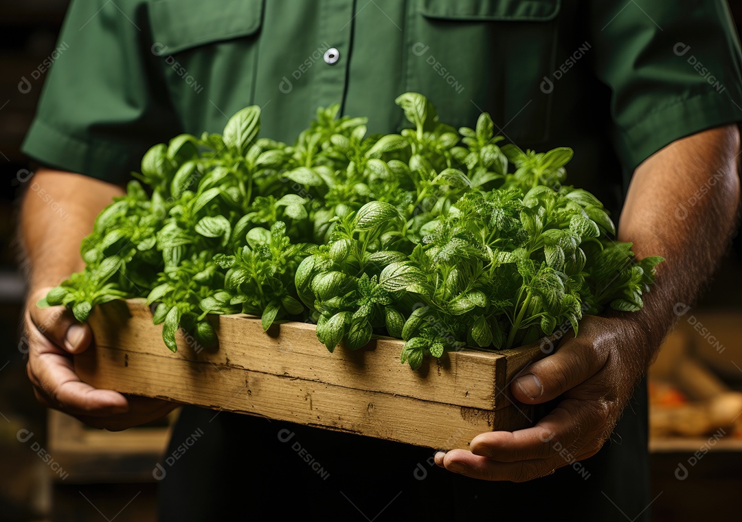 Mãos de pessoa segurando caixa de madeira com verduras